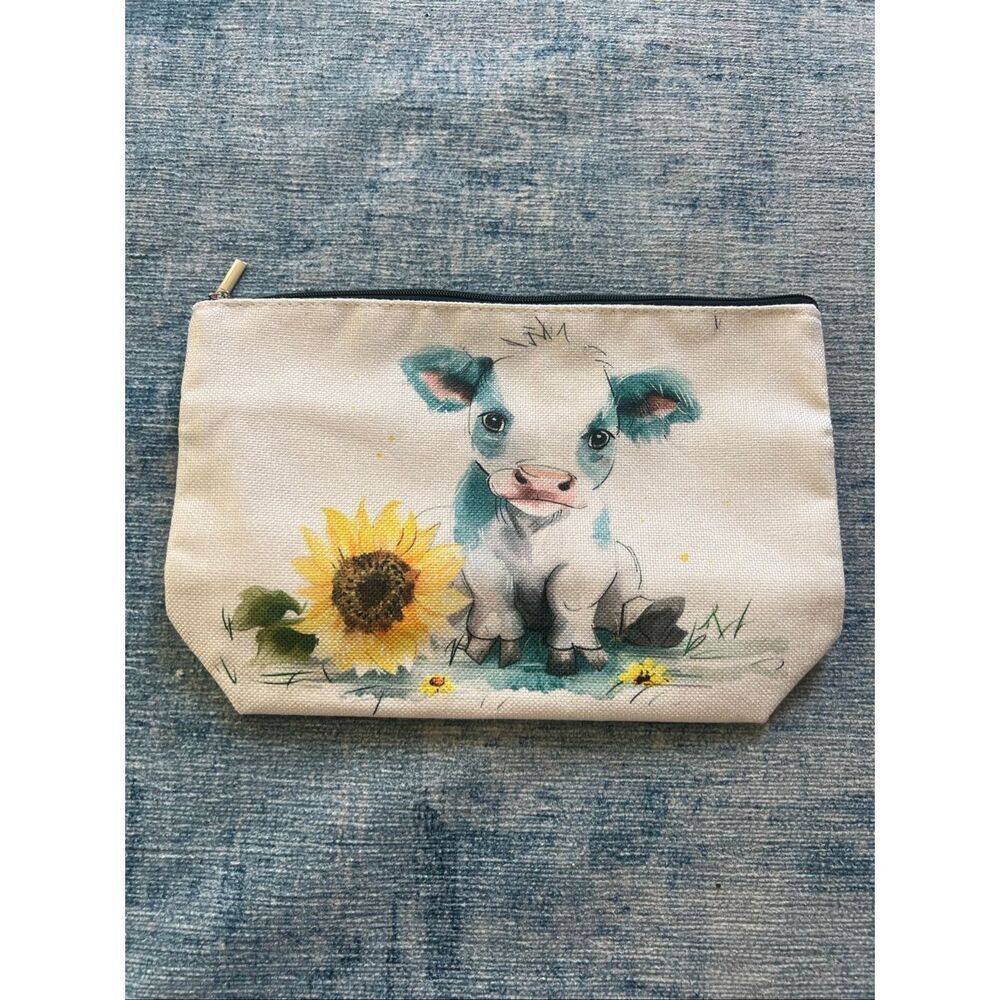 Sunflower Cow Calf Cotton Canvas Small Makeup Bag Travel Toiletry Pouch